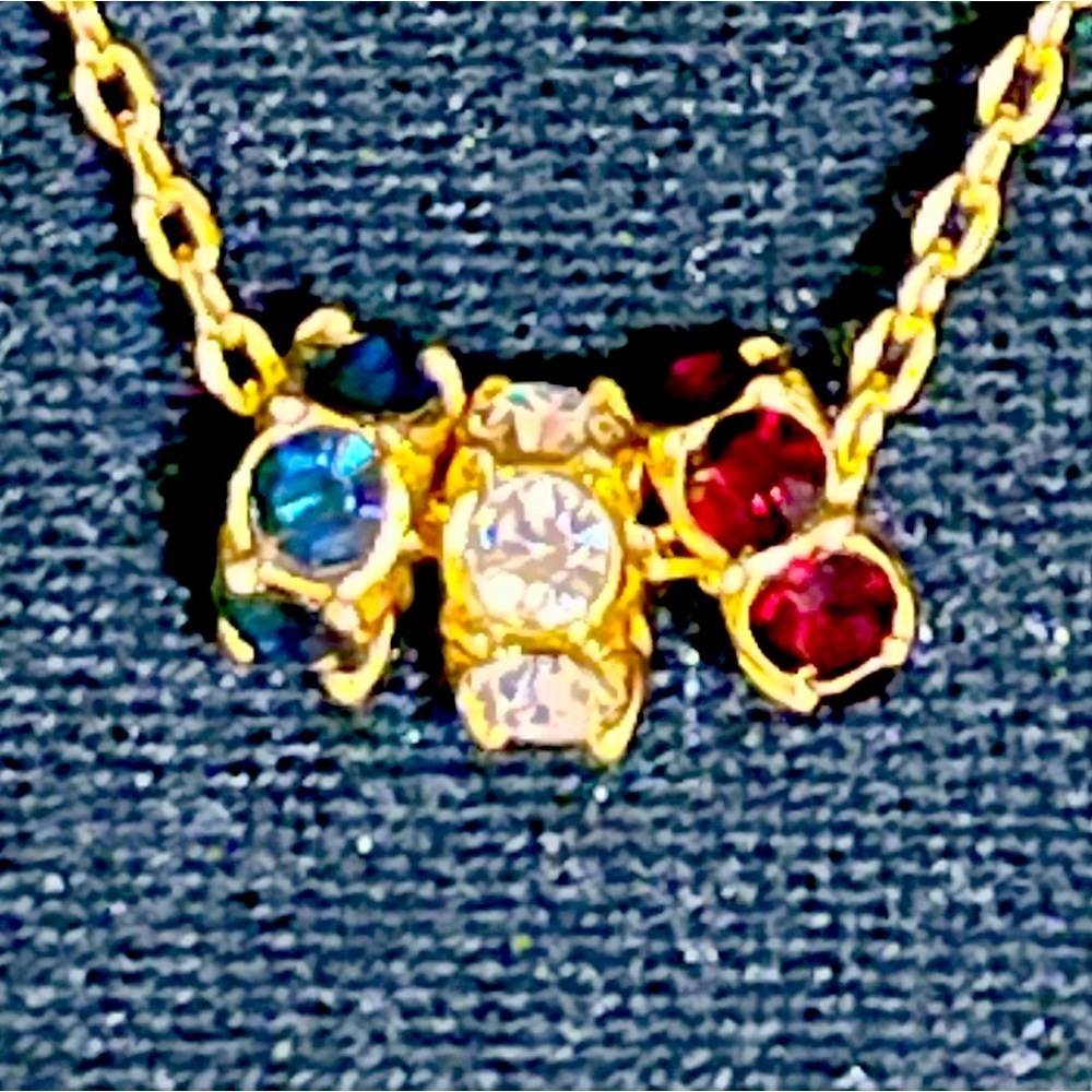 S O Gold Tone Necklace w Red White Blue Crystals Gemstones American Patriotic